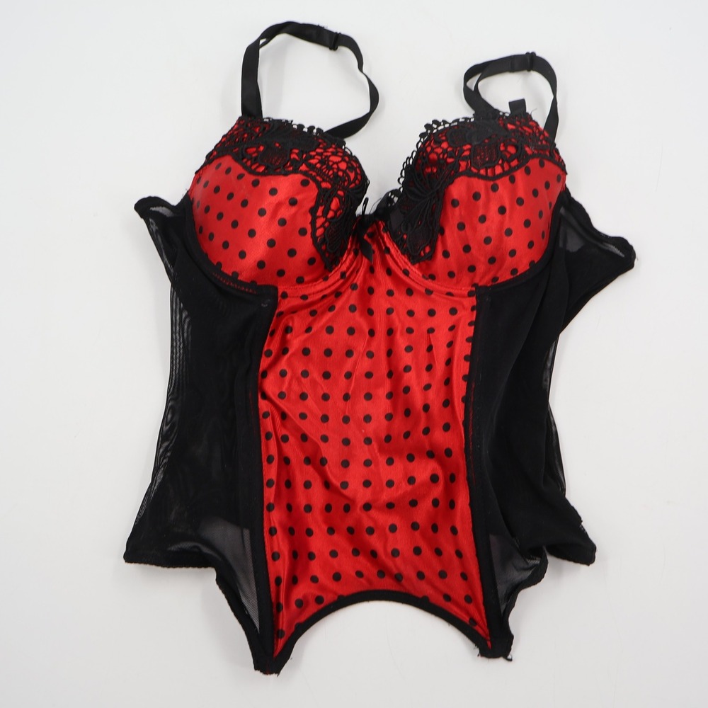 Music Legs Bustier Lingerie Womens Small Red Black Polka Dot Lace Mesh 52022